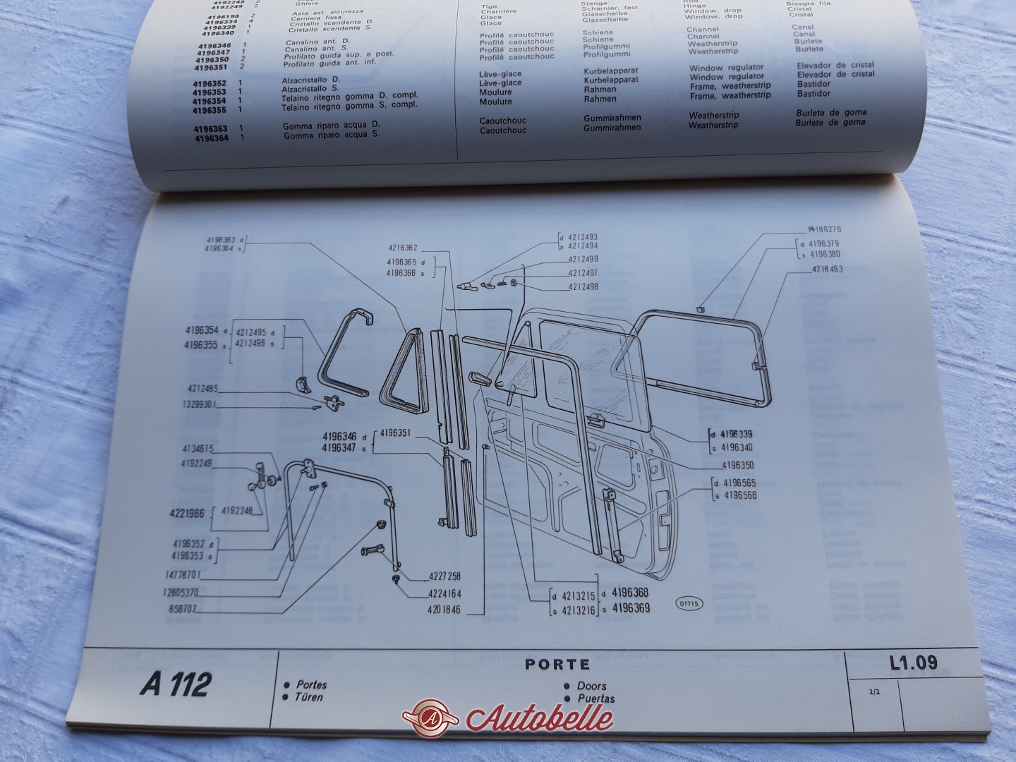 Vendo AUTOBIANCHI A 112 CATALOGO PARTI DI RICAMBIO CARROZZERIA ORIGINALE